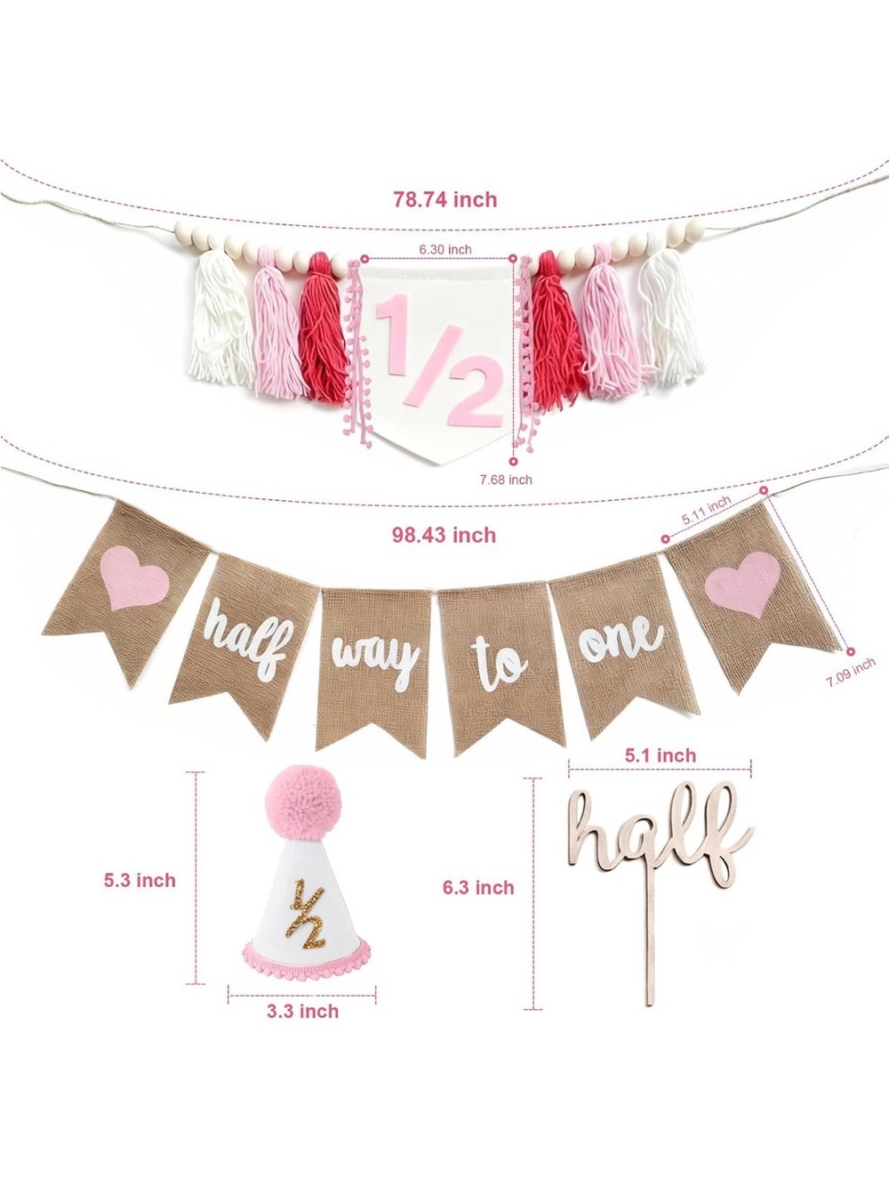 Halfway to One Pink Burlap Banner and Tassel Party Kit